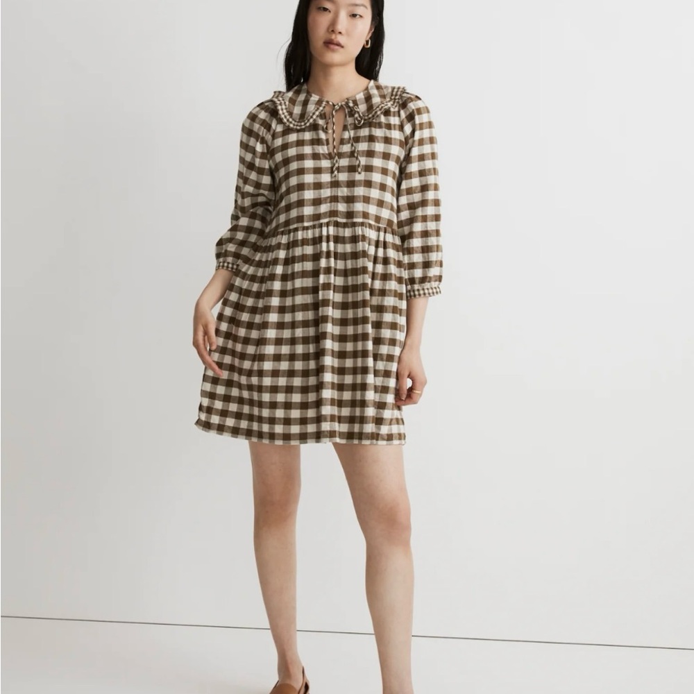 Madewell Brown and White Buttoned Sundress with Peter Pan Collar